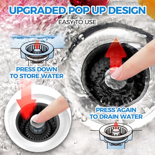 Upgraded 3in1 Kitchen Sink Drain Strainer and Sink Stopper, Stainless Steel Kitchen Drain Plug & Cover with Anti-Clogging Basket Strainer, Fit US Standard 3-1/2'' Sink Drain Hole, Brushed Black