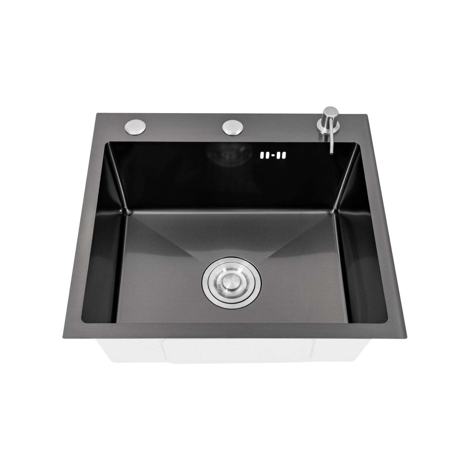 Fregadero de cocina negro, de acero inoxidable, moderno, de acero inoxidable, incluye dispensador de jabón, sifón y rebosadero, 50 x 45 x 20 cm