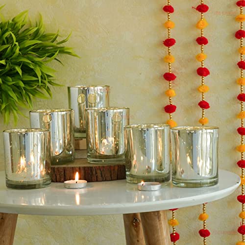 Image of TIED RIBBONS Pack of 6 Votive Glass Tealight Candle Holders Glass Votives (Big, Silver) - Decorations Items for Home Decor Dining Table Gifts - Decorations Items for Home Office Gifts