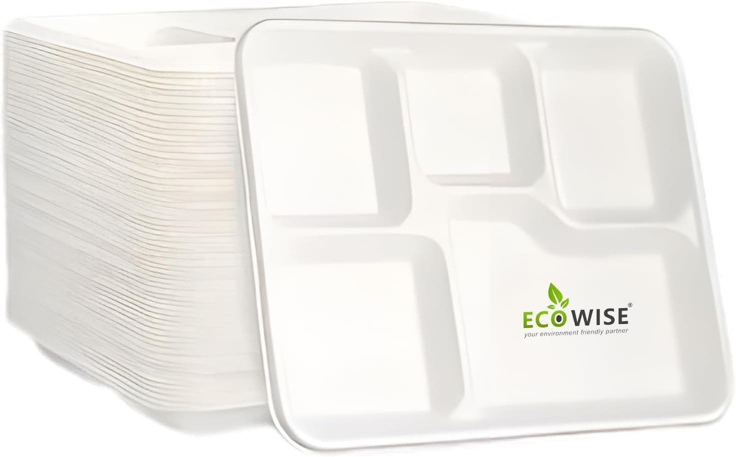 EcoWise 5 Compartment Disposable Plates Strong Plates for Lunch & Dinner 25pcs Size 30cm X 20cm X 5cm - Heavy Duty Sugarcane Plates 100% Compostable Ecofriendly Divided Dinner Plates Microwave Safe