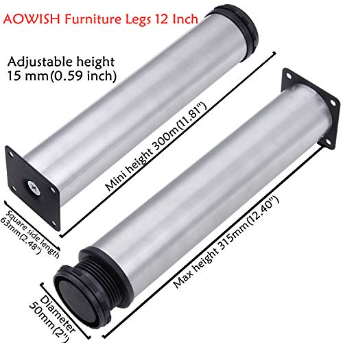 AOWISH 4-Pack Stainless Steel Furniture Legs Furniture Foot Upgraded & Thickened Cabinet Metal Legs 2 Inch Diameter Shelves Sofa Table Kitchen Adjustable Feet with 16 Screws (12 Inch/300 mm - Silver) - Thumbnail 3