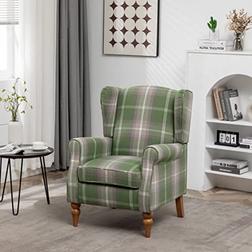 AZRBOPO Wingback Tartan Armchair, Retro Accent Chair Soft Padded Fabric Lounge Padded Sofa Chair, Retro Check Leisure Chair for Living Room Bedroom - Solid Wood Frame - Green