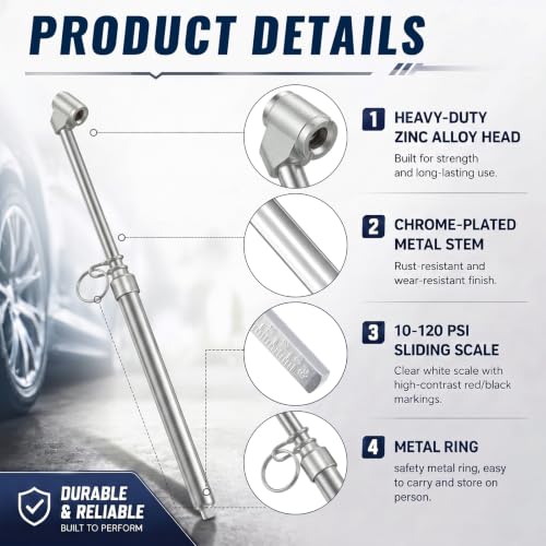 Image of BBTO 2 Pcs 10-160 Psi Low Pressure Tire Gauges Pencil Tire Gauges | Stainless Steel, Tire Gauges for Tire Pressure, Reverse Osmosis Tank, Garden Tractors, Golf Carts, Atv, Sports Equipment