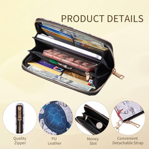 Image of Checkered Cow Print Wallet For Women Skull Goth Frog Butterfly Turtle Ladies Cluth Wristlet Wrist Strap Long Purse Zip Around Card Holder