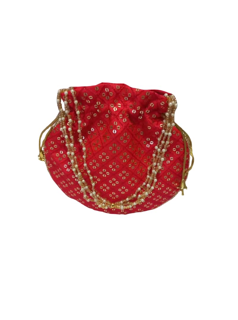 Veneva Traditional Red Potli Purse for Women, Ethnic Silk Embroidery Batwa Bag with Drawstring and Pearl Bead Strap, Bridal, Wedding, and Festive Return Gift Pouch-image-45