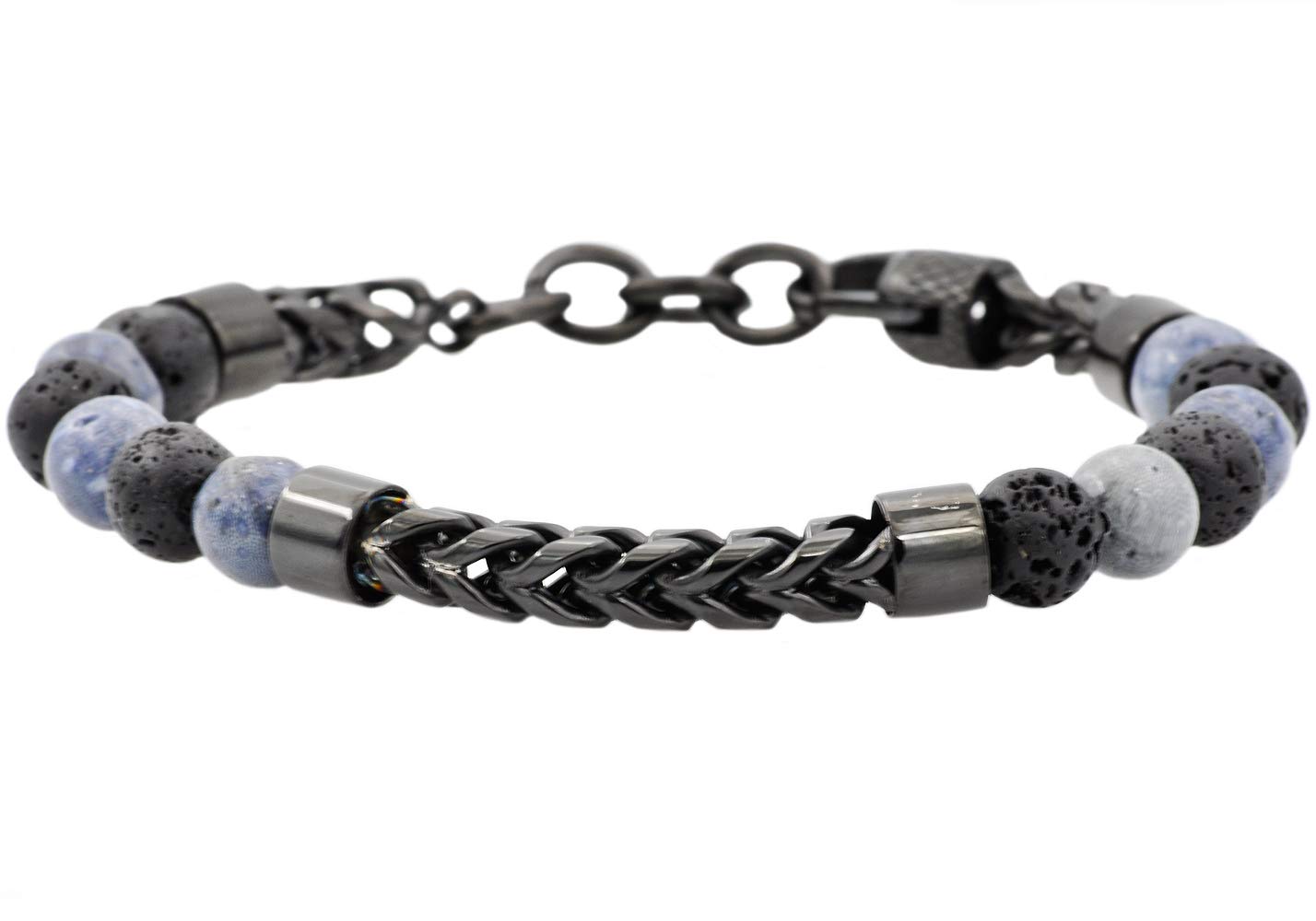 Blackjack Jewelry Men's Genuine Gemstone Bead Stainless Steel Franco Link  Bracelet
