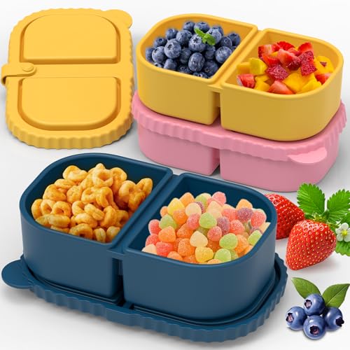 Image of ICEROYCE 3 Pack Reusable Silicone Snack Containers with Lids, 2 Compartment Leakproof Food Storage Containers, BPA-Free Portable Snack Boxes for Lunch, School, Adults