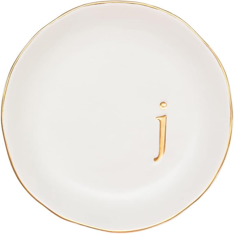 COLLECTIVE HOME Bandeja de joyería de cerámica, plato de baratijas, regalos para mujeres (J) | Día de la Madre, cumpleaños, Navidad, regalos de compromiso, tocador, decoración de mesita de noche, plato de anillo con monograma dorado en relieve con caja de regalo