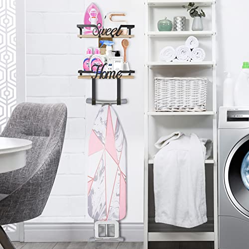 Ulendis 2-Layer Ironing Board Hanger Wall Mount, Iron And Ironing Board Holder With Large Storage Wooden Base Basket & Removable Hooks, Metal Laundry Room Shelves Organization And Storage #TOP3