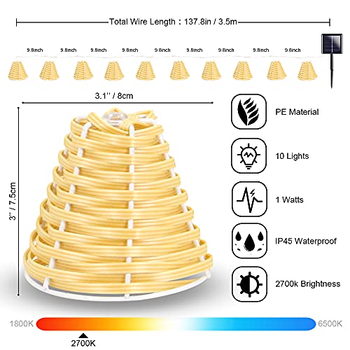 Outdoor Solar Led String Lights, 11Ft 10Led Rattan Waterproof Patio Fairy Lights , 8 Lighting Modes With 5 Hooks For Garden Backyard Balcony Christmas Party Wedding Decor, Warm White (Wood Color) #TOP3