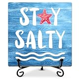 木製テーブルサイン オフィスデスク装飾 - Stay Salty 休暇ギフト 友人や同僚への夏のギフト 夏の装飾 テーブルセンターピース デスクデコレーション ホームビーチ 沿岸用 -mup17