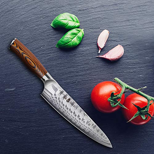 Tuo Damascus Chef's Knife - Kitchen Knives - Japanese Aus10 Hc 67 Layers Steel With Dragon Pattern - Ergonomic Pakkawood Handle - 8" - Fiery Phoenix Series Including Gift Box #TOP4