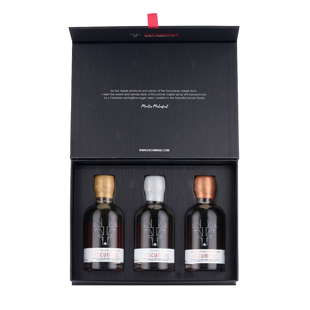 Escuminac Sirop d’Érable. Format 3x200 ml Vieilli en Fût de Cognac, Bourbon et Scotch. Boitier Cadeau. Certifié Biologique. Embouteillé au Domaine.