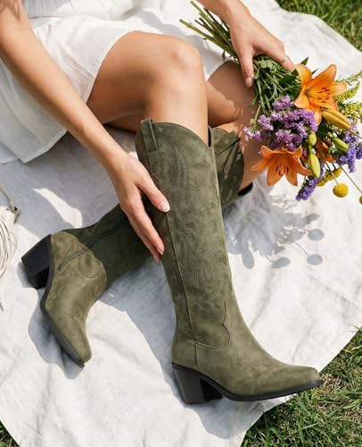 Image of Pasuot Western Cowboy Boots for Women - Knee High Wide Calf Cowgirl Boots, Slip On Pointed Toe Chunky Heel Fashion Retro Classic Pull On Tall Boot for ladies Party concert