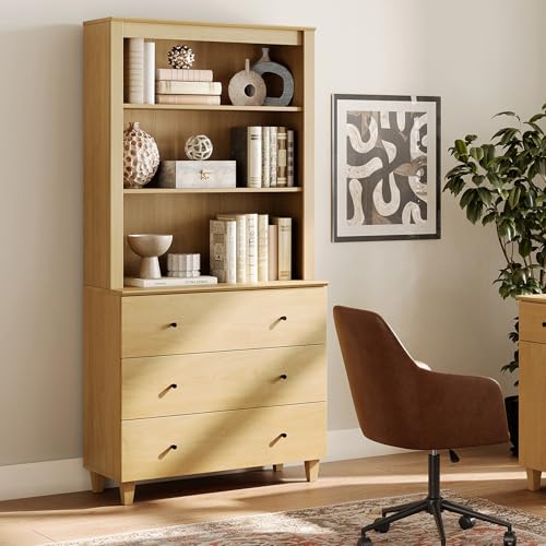 Image of WAMPAT 71 inch Tall Bookcase with 3 Drawers & Open Shelves, Modern 3-Tier Bookshelf with Adjustable Shelf, Floor Standing Wooden Display Book Shelf for Home Office, Living Room, Bedroom, Oak