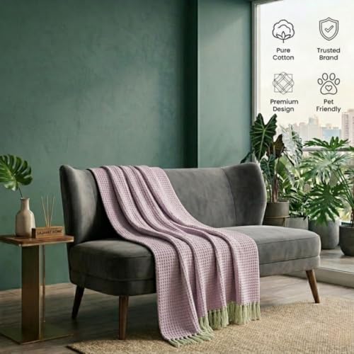 Image of SAJAVAT HOME Hand Crafted Cotton Sofa Throw Blanket | Baby Pink & Beige All-Season Throw for Sofa, Couch & Bed | Soft Lightweight Knitted Design with Tassels | 80x52 Inches (204x132 cm)