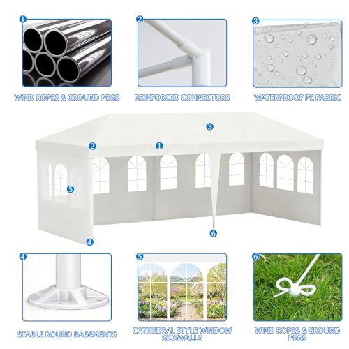 Image of 10x20 White Canopy Tent with 4 Removable Sidewalls and Windows, Waterproof Outdoor Party Gazebo Tent for Backyard Wedding Events BBQ Graduation