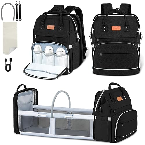 Image of Diaper Bag Backpack, Diaper Bag with Changing Station Baby Diaper Bags for Boys Girls Portable Large Capacity Waterproof Mommy Bag Bassinet Travel Backpack, Baby Shower Gifts (Black)