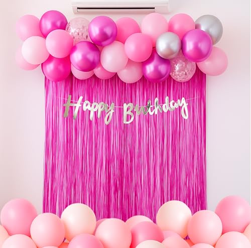 Image of The FOMO Factory Pastel Pink Birthday Decoration Kit | Silver, Pink Balloon Arch Kit + Large Pastel Pink Curtain + HBD Banner | Easy Birthday Decoration for Girls, Kids, Adults (Pink53)