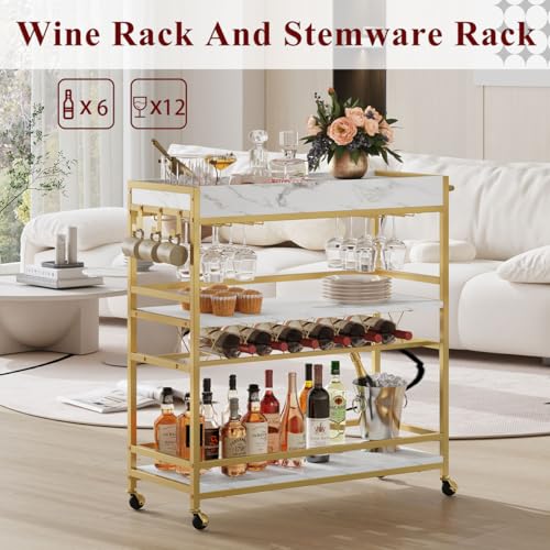 Image of BON AUGURE Gold Bar Cart on Wheels for Home with Wine Rack & Glass Holders