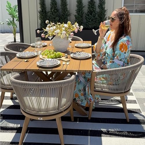 Image of PURPLE LEAF Outdoor Dining Set for 6 with Cushions PE Rattan Teak