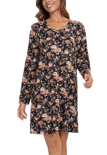 Image of Kabento 2 Pack Long Sleeve Nightgowns for Women Soft Cotton Night Gowns Sleepwear V Neck Nightshirts