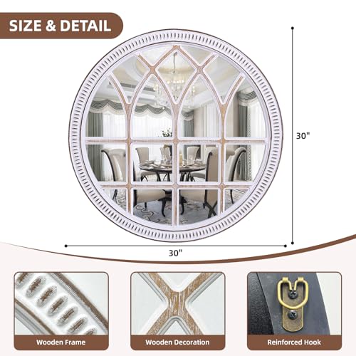 Image of 30 Inch Round Wood Window Mirror, Farmhouse Windowpane Wall Mirrors Circle | Rustic Charm, Ideal for Entryway, Living Room, Bedroom, and Fireplace Mantel Decor