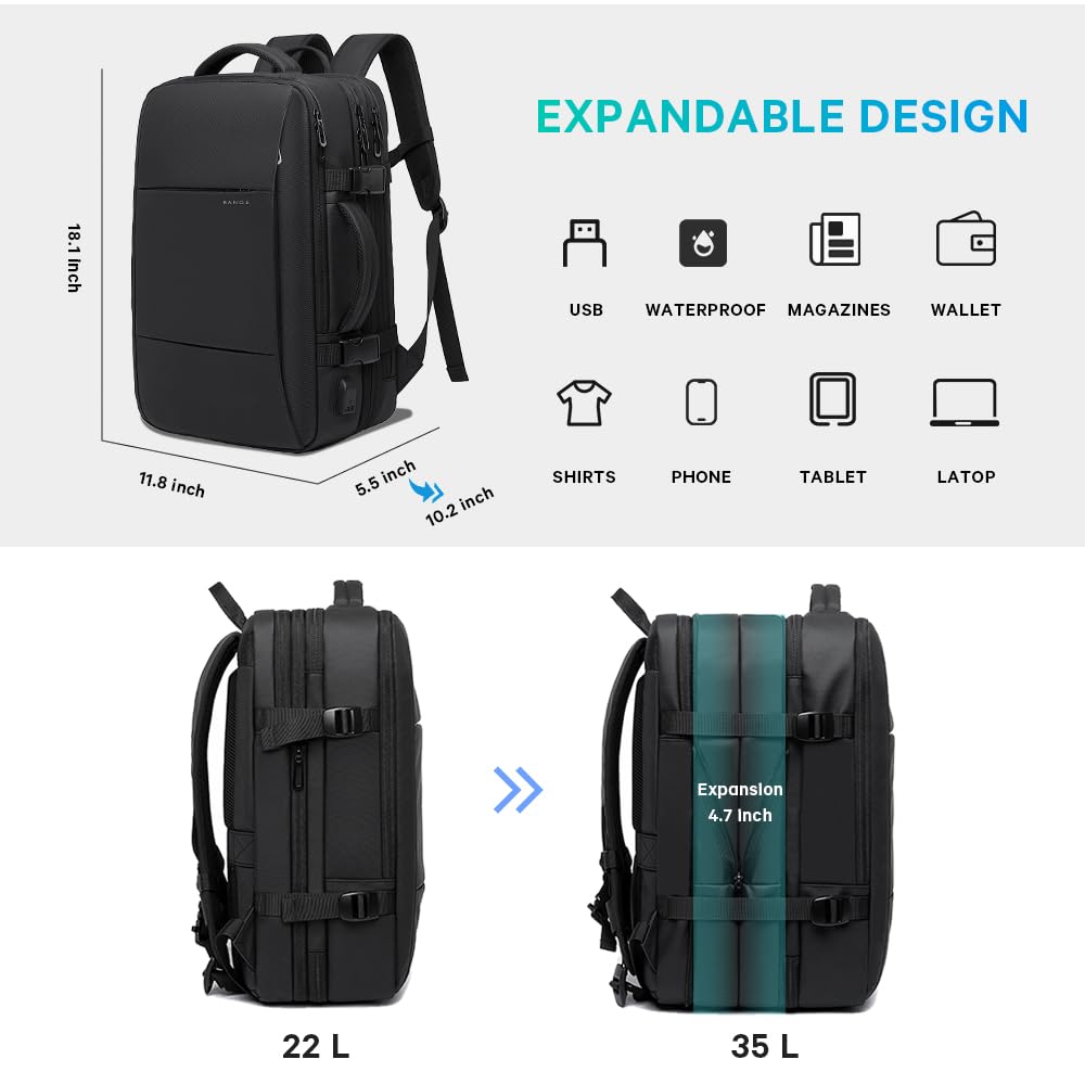 45L Carry On Backpack, Weekender Travel Backpacks, 17.3 inch Laptop Back Pack Business Expandable Bag for Men and Women… (Blake35L（with3cubes))…