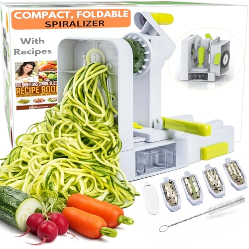 Brieftons QuickFold 5-Blade Spiralizer: Versatile & Compact Foldable Vegetable Spiral Slicer, Best Veggie Pasta Spaghetti Maker for Low Carb/Paleo/Gluten-Free with Brush & 4 Recipe Ebooks