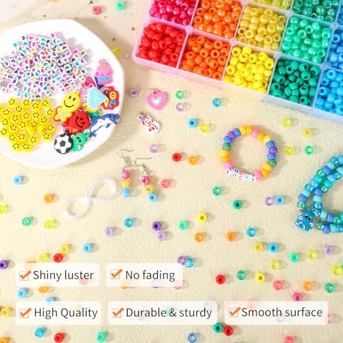 Image of 3277+pcs Pony Beads Kit 24 Color Rainbow Plastic Pony Bead Heart Beads Elastic String Kandi Bead for Braids Cute Charm DIY Crafts Jewelry Making Kit for Bracelets Necklaces