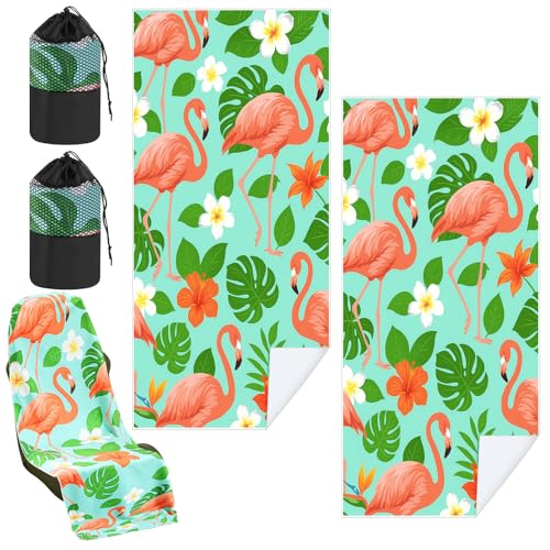 Image of Hahafelt 2 Pack Car Seat Towel Cover with Storage Bag, Green Leaf Flamingo | 63 x 32 in Car Towel Seat Cover Non Slip Waterproof, Gym Workout Swimming Running, Machine Washable Sweat Absorbent Protector