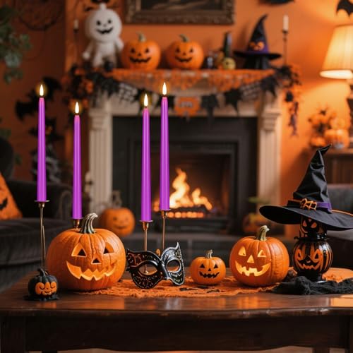 Image of Wondise Halloween Flameless Taper Candles with Remote & Timer, 4 Pack Purple Battery Operated LED Candles with 3D Wick Flickering for Halloween Decorations Gift