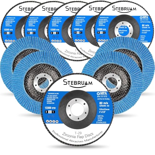 STEBRUAM 10 Pack 125mm Flap Discs 40 Grit,Professioanl T29 Zirconia Grinding Disc for Sanding Metal Stainless Steel Wood
