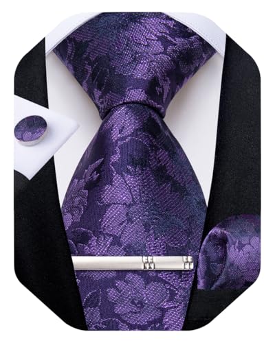 Image of DiBanGu Silk Floral Ties for Men Woven Paisley Necktie and Tie Clip Handkerchief Cufflinks Set for Party Wedding