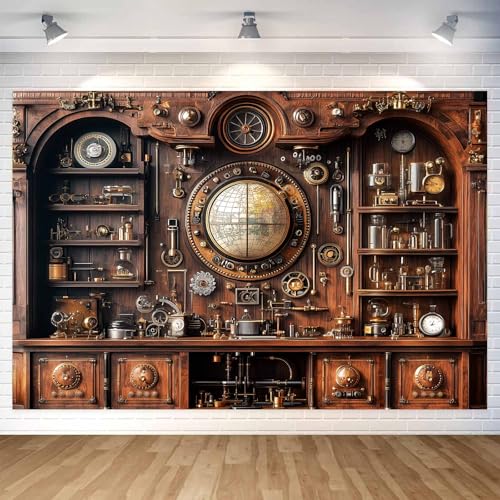 Antique Vintage Steampunk Backdrop, Abstract Industrial Old Metal Gear Clock Photography Background,...