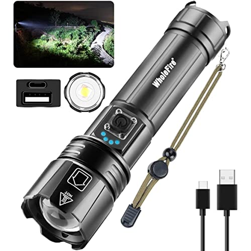 Lampe de Poche LED Ultra Puissante 5000 Lumens Rechargeable USB avec Power Bank, XHP70 5 modes Militaire Lampe Torche Mise au Point Réglable IPX5 Étanche pour Usage Domestique, Activités de Plein Air