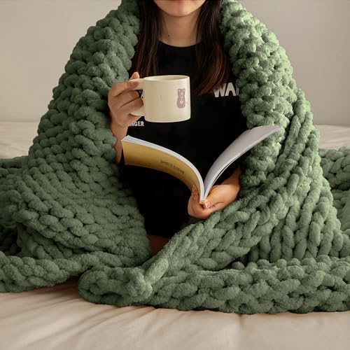 ATMOSURELY Ultra Soft Sage Green Chunky Knit Throw Blanket Cozy F...