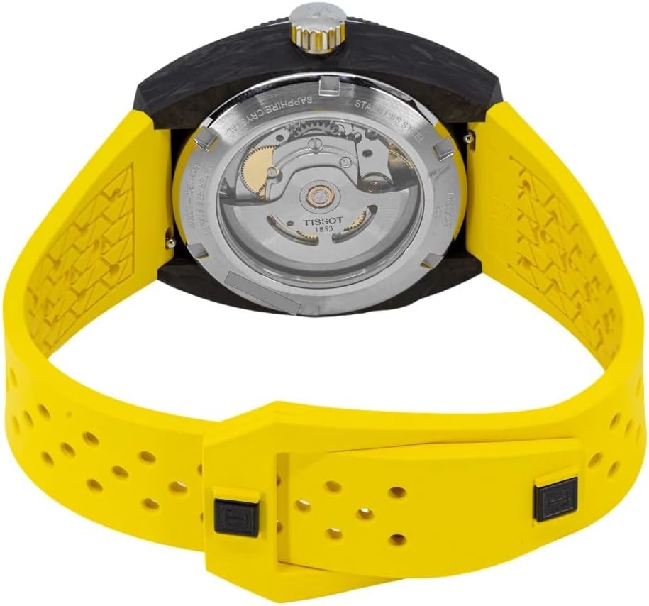 Tissot Unisex Sideral S Powermatic 80 316L Stainless Steel case with Black and Grey Marbled Forged Carbon Automatic Watches, Yellow, Rubber, 20 (T1454079705700)