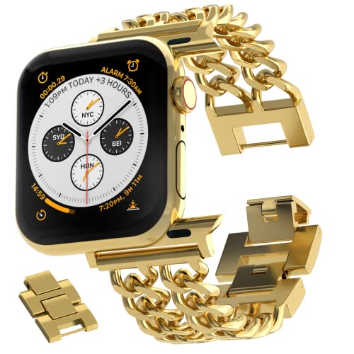 Image of Gold Watch Bands for Women Compatible with Apple Watch Band 38mm 40mm 41mm 42mm 44mm 45mm 46mm 49mm Adjustable Metal Band Cowboy Steel Chain Bracelet for iWatch Series1 /2 /3 /4 /5 /6 /7 /8 /9 /10 /11 /SE