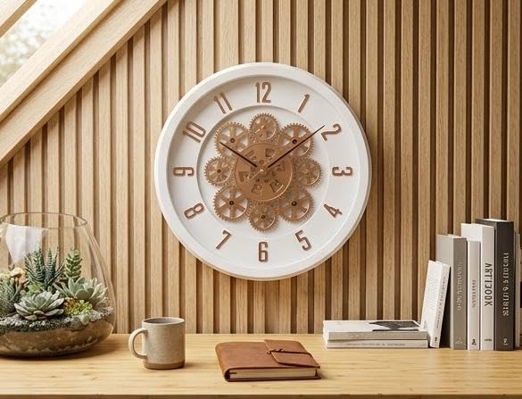 Image of Moving Gear Wall Clock, Round, Gold and Rose Gold Finish, Options (NEW White, Set of 1 Clock)