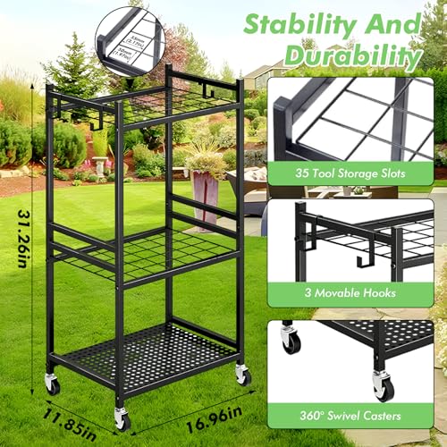 Gartenwerkzeug-Organizer, 3 Stöckiges Metall Gartenwerkzeug Halter mit Haken und 360° Schwenkbaren Rädern, Mehrzweck Gartengeräteaufbewahrungsregal für Garage, Gärten, Hof, Schuppen, 43*30*80