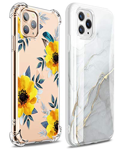 GVIEWIN Clear Flower Designed iPhone 11 Pro Case Bundle with Marble iPhone Pro Case 5.8 Inch (2 Items)