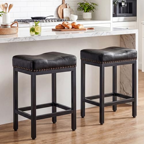Image of 24 Inch Bar Stools Set of 2, PU Leather Counter Height Stools | Upholstered Modern Saddle Barstools with Metal Base and Footrest for Home Bar, Small Apartment, Black