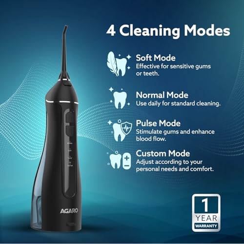 Image of AGARO Ultra Oral Irrigator, Portable, Cordless, Rechargeable, 4 Cleaning Modes, IPX7 Waterproof, 200ml Water tank, Flossing at Home & Travel, Black