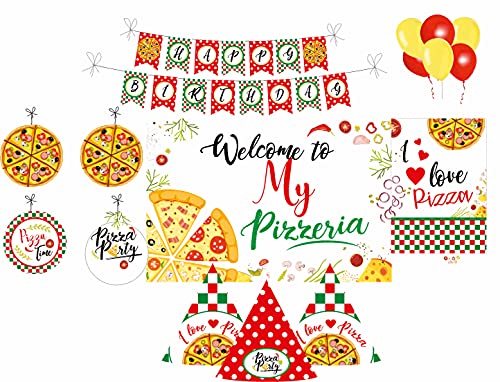 Image of Pretty UR Party Pizza Party Decorations Kit - 70 pcs Includes Banner, Balloons, Centerpiece, danglers, Party Supplies, Pizza Birthday Decor, Birthday Banner for Girls, Kids, Boys