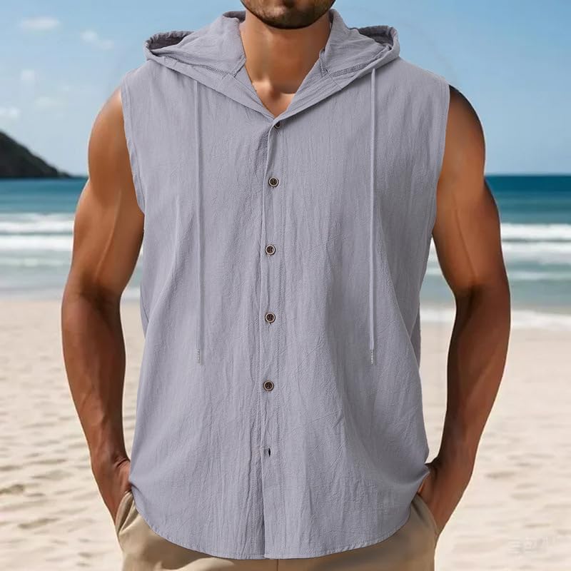 Camisetas sin Mangas con Capucha para Hombre de Lino con Botones Casuales 2