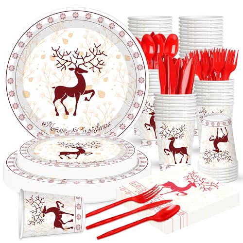 Xionpe 140-Pc Christmas Disposable Tableware Set for 20 Guests - Reindeer Themed Party Supplies with Dinner Plates, Dessert Plates, Napkins, Cups, Forks, Knives & Spoons