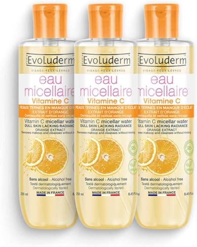 EVOLUDERM – Eau Micellaire Démaquillante Vitamine C – 250 ml – 96% d’Origine Naturelle – Végan – Fabrication Française – Lot de 3 x 250 ml