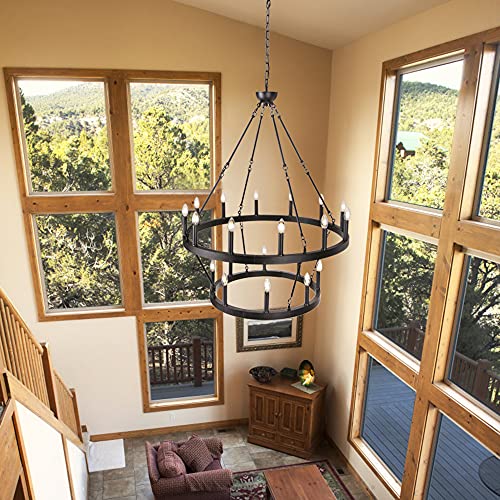 Wellmet Black Wagon Wheel Chandelier 2 Tier, Large Farmhouse Round Pendant Light Fixture Industrial Chandelier Lighting, H43.3 X D38 With Adjustable Chain #TOP6