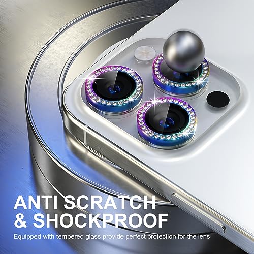 Image of Choiche Compatible for iPhone 15 Pro /iPhone 15 Pro Max Camera Lens Protector Bling, 9H Tempered Glass Camera Cover Screen Protector Metal Ring Decoration Accessories (Diamond-Colorful)